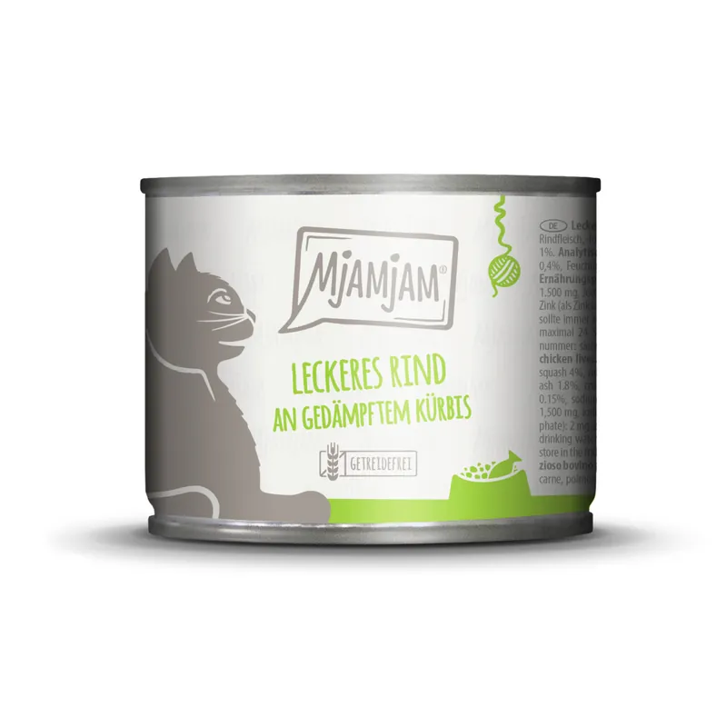 Schneller Versand Sparpaket 24 x 200 g Mjamjam Leckeres Rind an gedämpftem Kürbis mit Hühnerleber Katzen Nassfutter